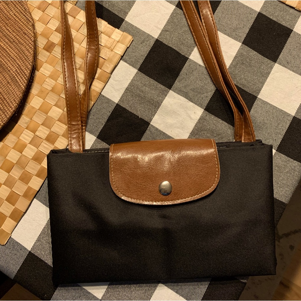 TAHARI Black Convertible Nylon Tote with Faux Leather Handles